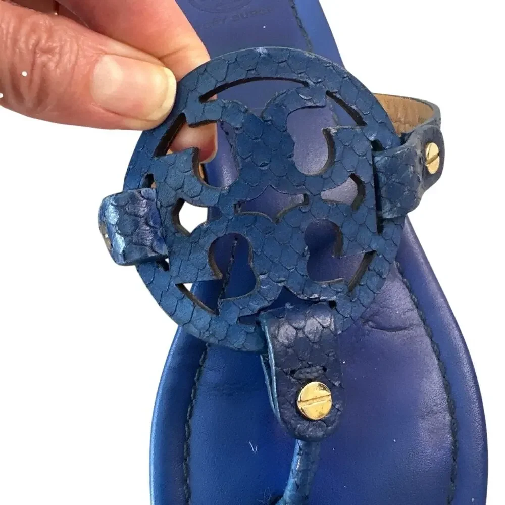 Tory Burch Miller Laguna Blue Snake Embossed Sandals 7.5